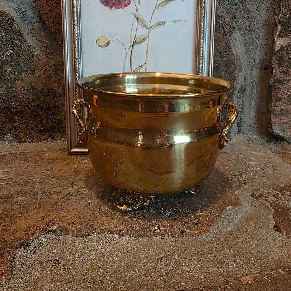Vintage Brass Jardiniere Cachepot Small Planter Succulents Ornate feet & handles